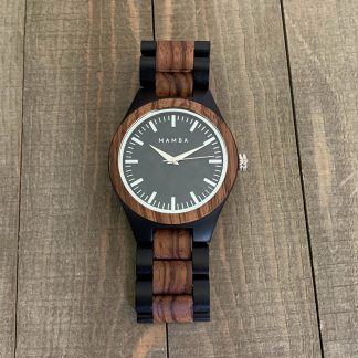 Wood grain traditional wrist watch on wood table